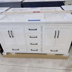 “60” Double Sink Bathroom Vanity in White Color with Black Handles and Marble Top in White  $915 