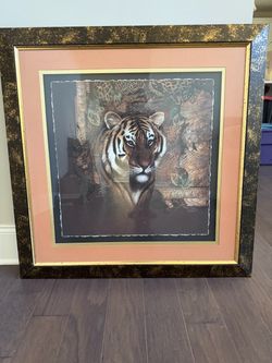 Framed Tiger Art Print with Gold Accents