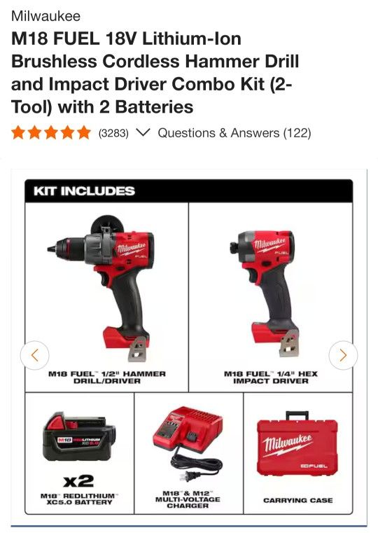 Brand new Milwaukee M18 Fuel Hammer Drill and Impact and 2 pack 5.0 batteries+ charger and case.