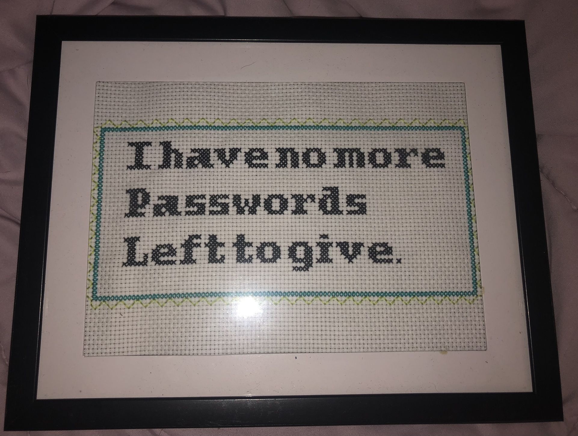 I Have No More Passwords Left To Give Completed Framed Cross Stitch New