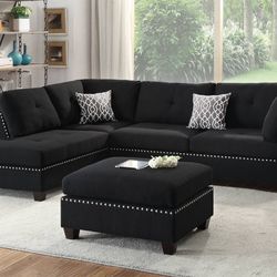 Brand New Black Reversible Linen Fabric Sectional With Chaise Free Ottoman Nailhead Trim