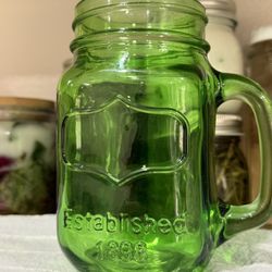 Green Glass Mason Jar Mugs - "Established 1898"