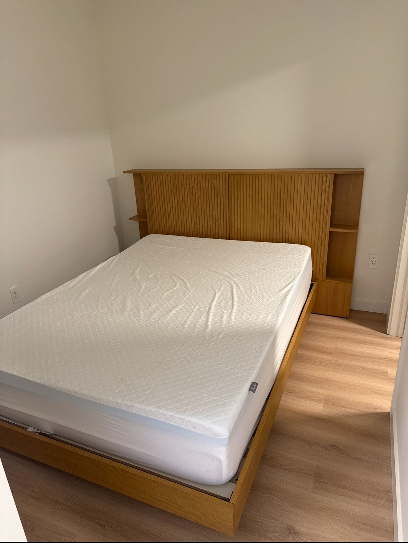 Queen Oak Bed Frame + Storage Headboard + Mattress