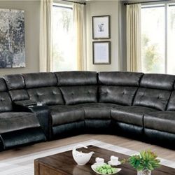Brand New Grey & Black Leather Power Reclining Sectional Sofa