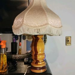 Vintage wood table lamp with fabric shade with tassels