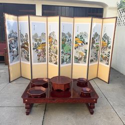 Traditional  Korean 8 Panel Folding Screen & Low Lacquer Table Set – Handmade Quality, Functional Art  
