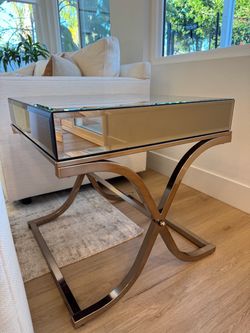 Mirrored Square End Table – Champagne Gold Metal Base