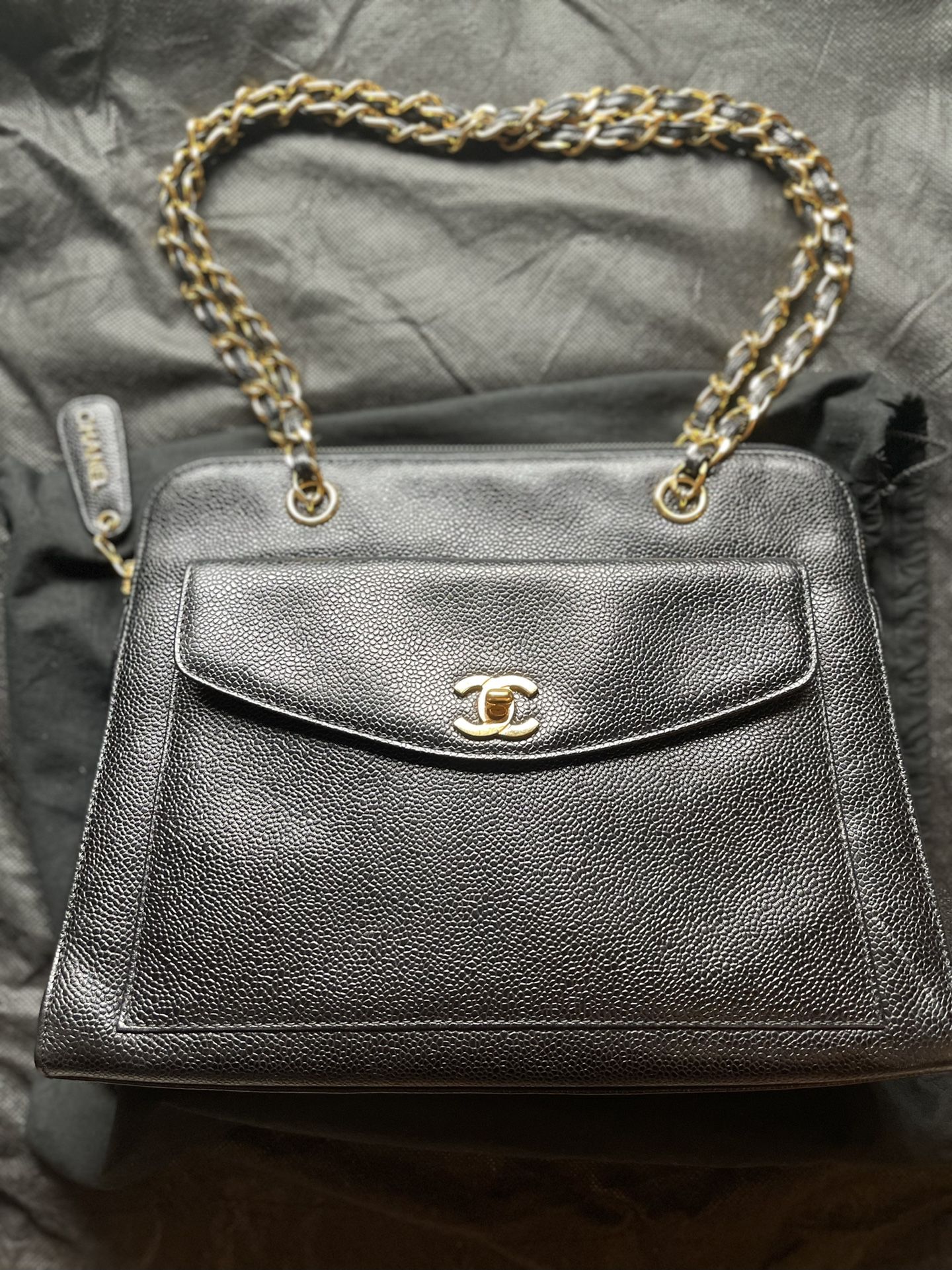 CHANEL Vintage Black Caviar Front Flap Chain Shoulder Bag
