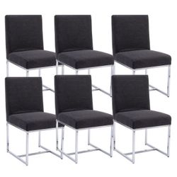 New in box- Dining Chairs Set of 6, Charcoal Linen Upholstered Kitchen & Dining Room Chairs with Chrome Metal Frame, Armless Side Chairs for Living Ro