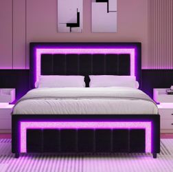Queen Size Bed Frame with LED Lights and Velvet Upholstered Headboard
Adjustable Headboard, Diamond Headboard & Footboard, Wood Slats Support, Noise F