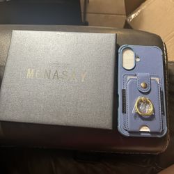 Blue iPhone 16  phone case with ring holder, card holder and screen protector 