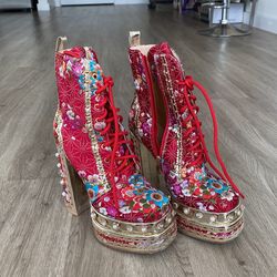 MOVE OUT SALE - Red Jeweled Japanese Platform Boots Size 7
