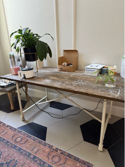 RESTORATION Hardware wood/metal base table with wheels