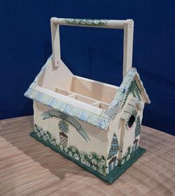 Kathy Hatch hand-painted wooden "Topiary Garden" organizer Caddy 8.5"×5.5"