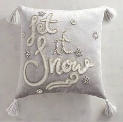 Pier 1 "Let It Snow" gray beaded with tassels Christmas pillow with removable cover