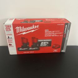 NEW Milwaukee High Output Battery  Starter Kit (2x 5.0ah High Output Batteries + 1 FREE 12-Volt Charger)