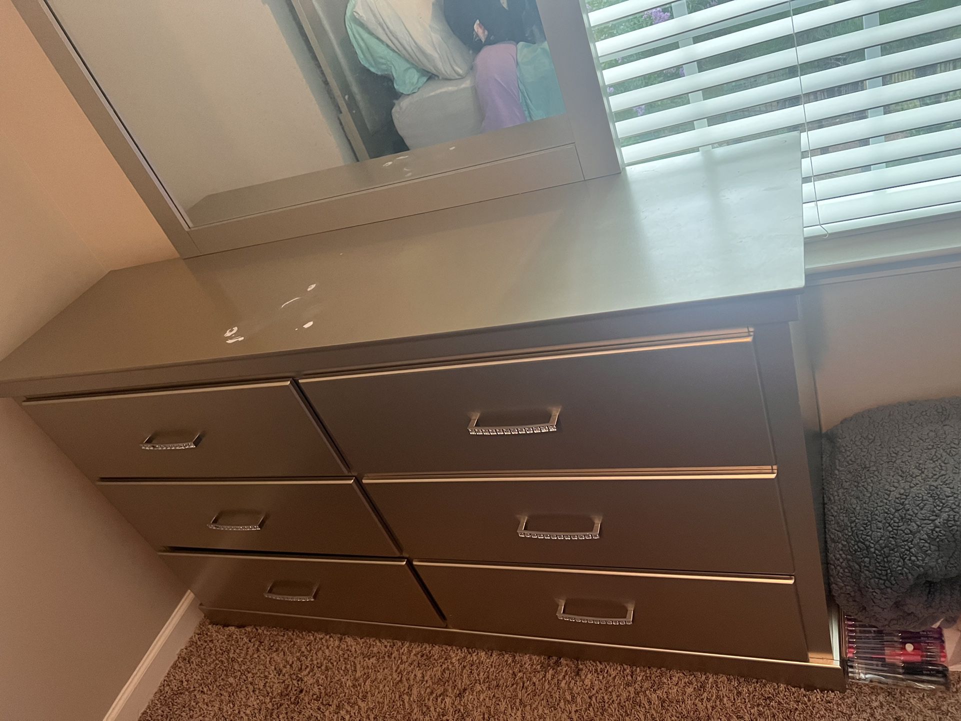 Silver Dresser And Mirror And 1 Nightstand 