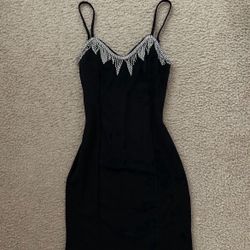 Black Rhinestone Trim Mini Dress