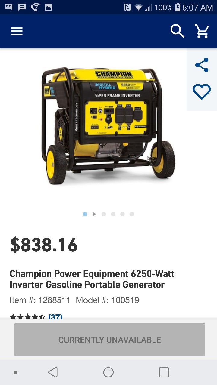 Brand new open box generator 6250 starting 5000 running watt