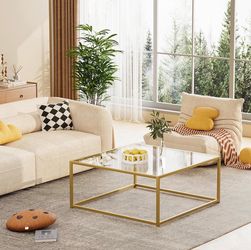 Glass Coffee Table, Small Square Coffee Table for Living Room,Simple Modern Center Tables for Small Spaces, Gold Living Room Tea Tables Easy Assembly,