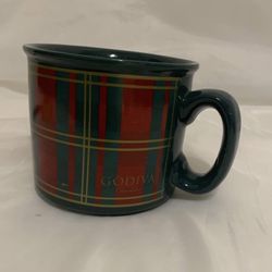 Godiva Chocolatier Tartan Plaid Coffee Mug 12 oz Green Red Gold EUC