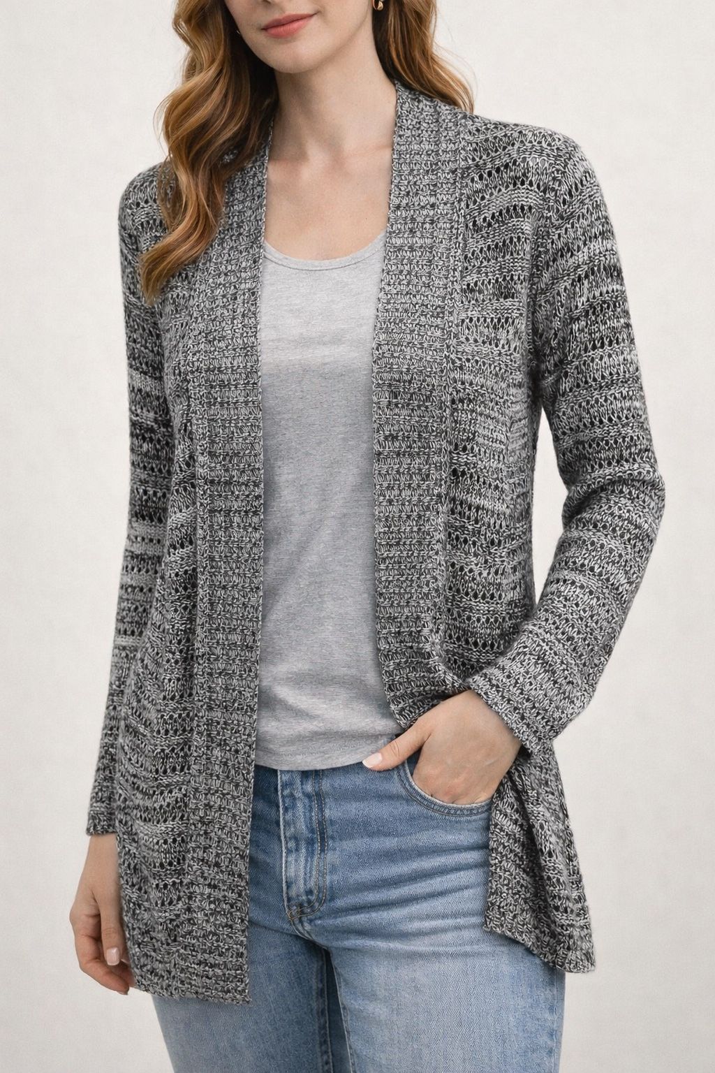 Belldini Open Front Knit Cardigan Small Gray White Lightweight