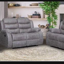 New Three-piece Gray Reclining Sofa Loveseat With Recliner Includes Free Delivery
