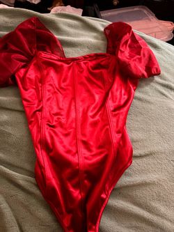 Red Satin Bodysuit with Puffed Sleeves