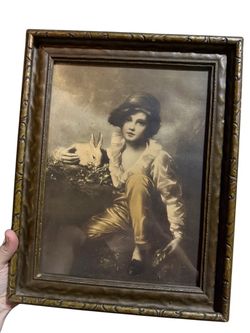 Antique Framed Print Boy with Rabbit 11x14”