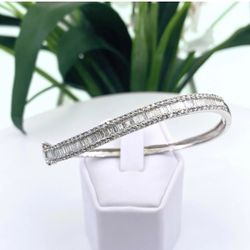 Round and Baguette Diamonds  Bracelet Bangle 14K White Gold