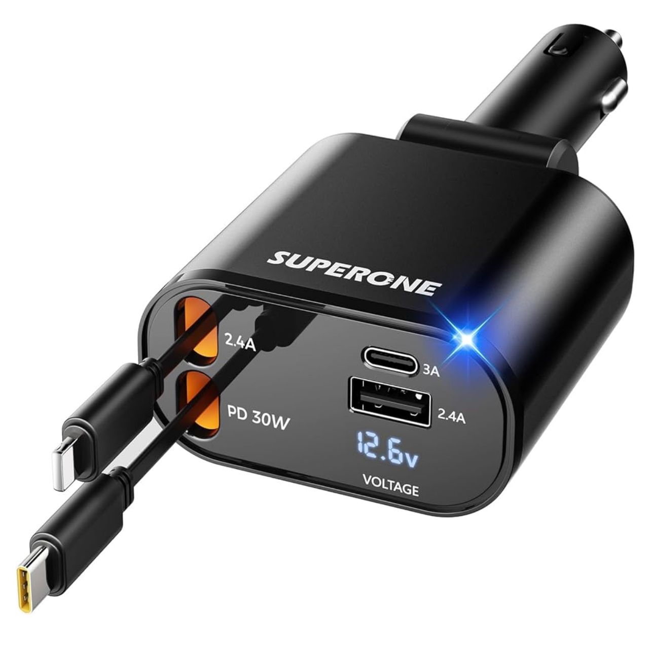SUPERONE Retractable Car Charger 4 in 1, Fast Car Phone Charger with Cord 2.6ft, USB C and Apple Car