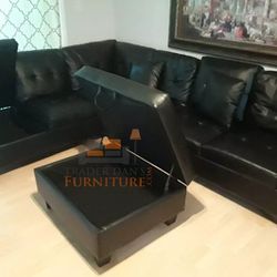 Brand New Black Faux Leather Sectional Sofa +Storage Ottoman (New In Box) 