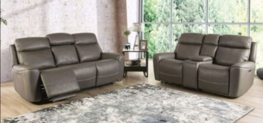 Brand New Grey Super Plush Leather Zero Gravity Power Reclining Sofa & Loveseat
