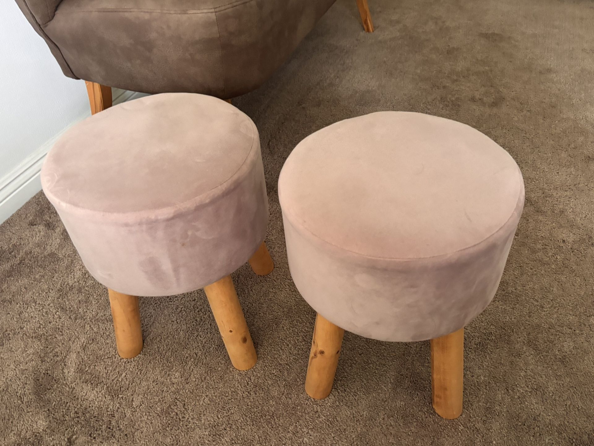 Pair Of Blush Pink / Beige Velvet Round Stools / Ottomans