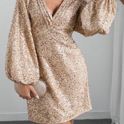 SHEIN Gold Sequin Long Sleeve Dress 1X
