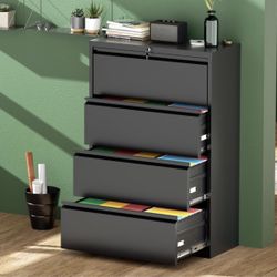 Greenvelly 4 Drawer Lateral File Cabinet with Lock, Black Locking Lateral Filing Cabinet with Drawers, Office Metal File Cabinets for Legal Letter Siz