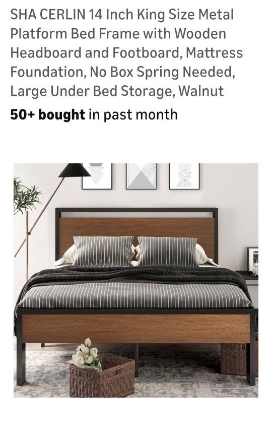 14 Inch King Size Metal Platform Bed Frame With Wooden Headboard And Footboard Walnut