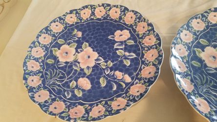 Blue And White PAIR of Large Caina Decorative  PlatesWith Beautiful Pink Flowers Patterned. Sun Ceramic For Table Or Wall Hanging.  Woodland Hills,Ca 