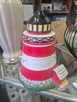 vintage handpainted ceramic lighthouse nautical themed cookie jar.vintage handpainted ceramic lighthouse nautical themed cookie jar.
