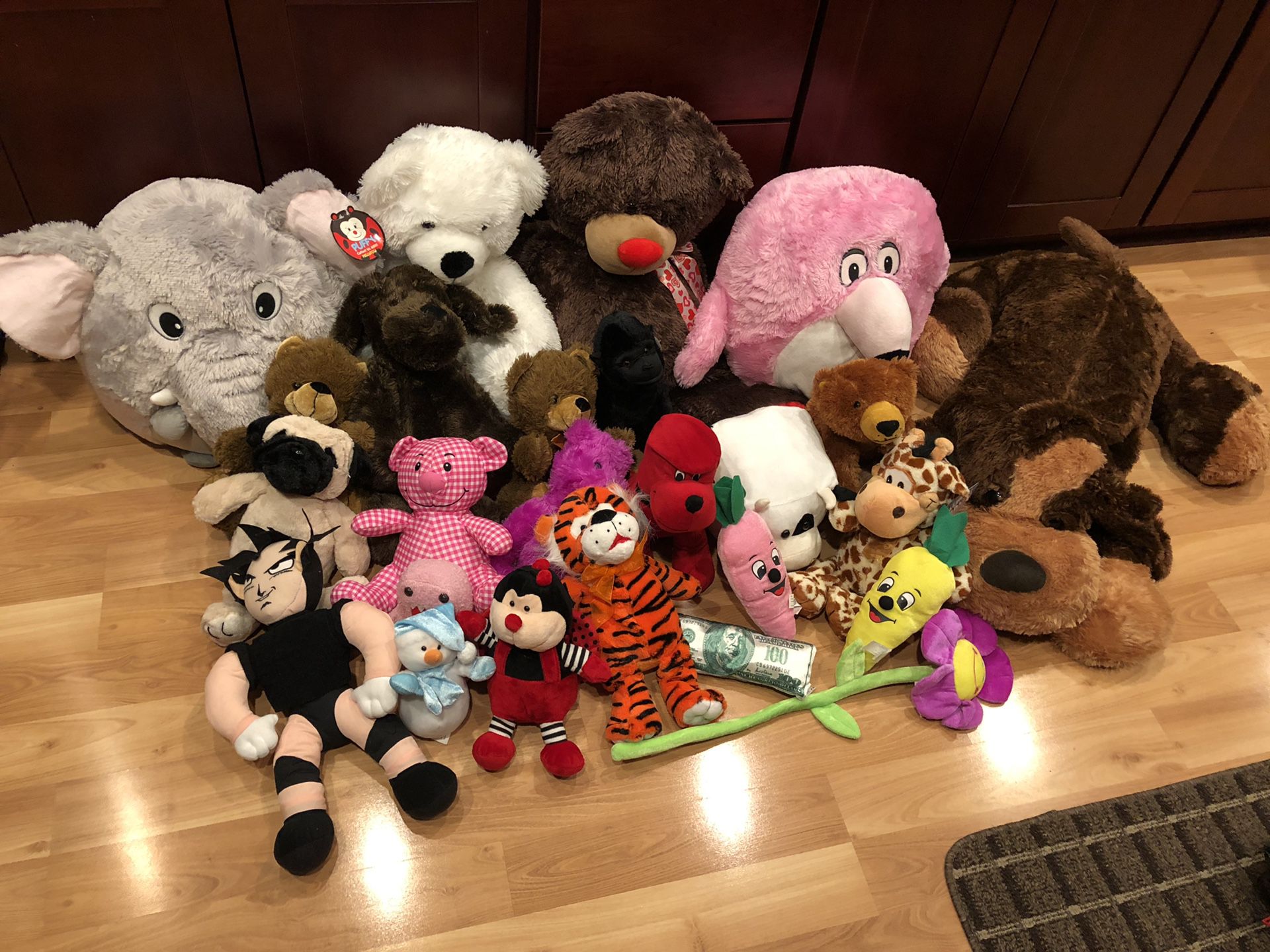 Various stuffed animals. Most have tags