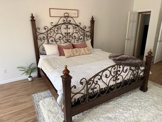 King Bed Frame Wood and Wrought Iron