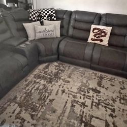 Grey Leather Recliner Sectional Couch