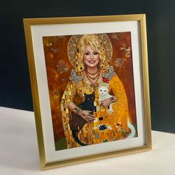 Dolly Parton with Cats art paper print - Klimt Style 12”x10”