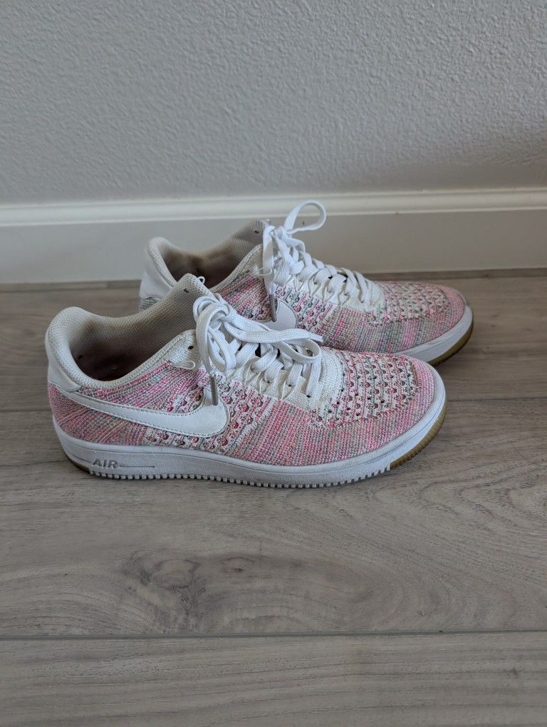Nike Air Force 1 Pink And White Fly Knit Shoes