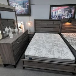 **4pcs Queen gray panel look wood grain queen bedroom set)**Mattress &Tall chest not included **