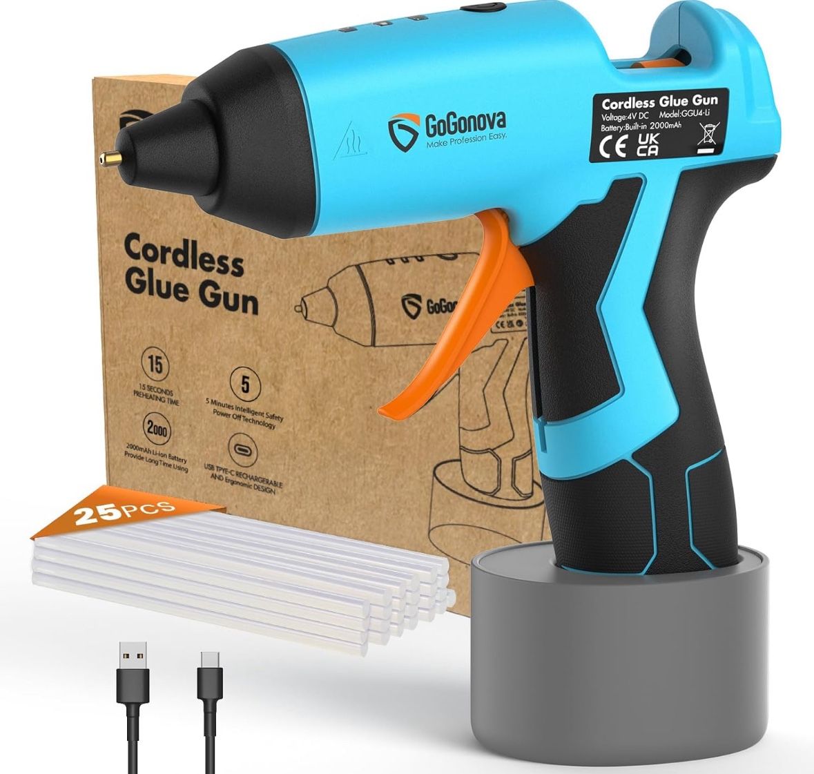 GoGonova Cordless Hot Glue Gun, 15s Fast Preheating with 2Ah Built-in Battery Hot Melt Glue Gun, Smart Power-Off