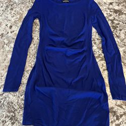 XS EXPRESS Womens urple blue Ruched Side Round  NECK LONG SLEEVE DRESS Stretch Spandex BBL