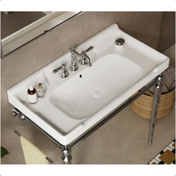 #658AB--Roomfitters 36-Inch White Ceramic Integrated Bathroom Sink Basin with Three Faucet Holes