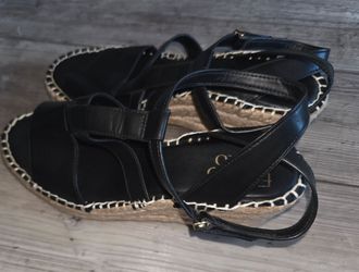 Franco Sarto Cassia Women's size 7 Espadrille Sandals featuring a black ankle strap and wedge heel