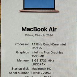 MacBook Air, 2020, Retina 13 Inch, Sequoia